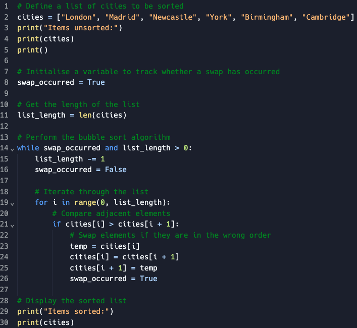 Image of a bubble sort in python with 4 maintainability features