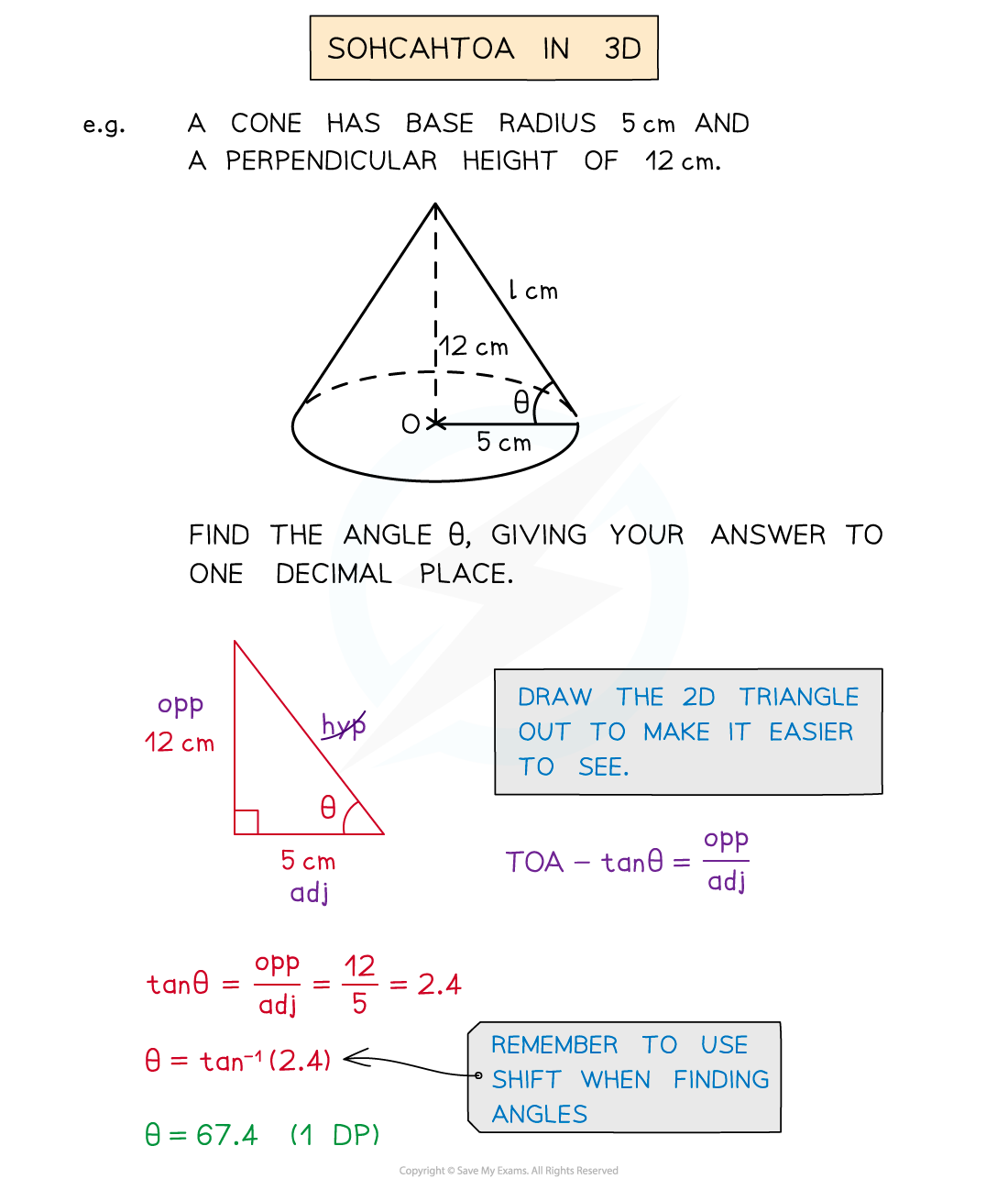 Example showing SOHCAHTOA to find the angle between the base and the slant height of a cone , given its radius and perpendicular height.