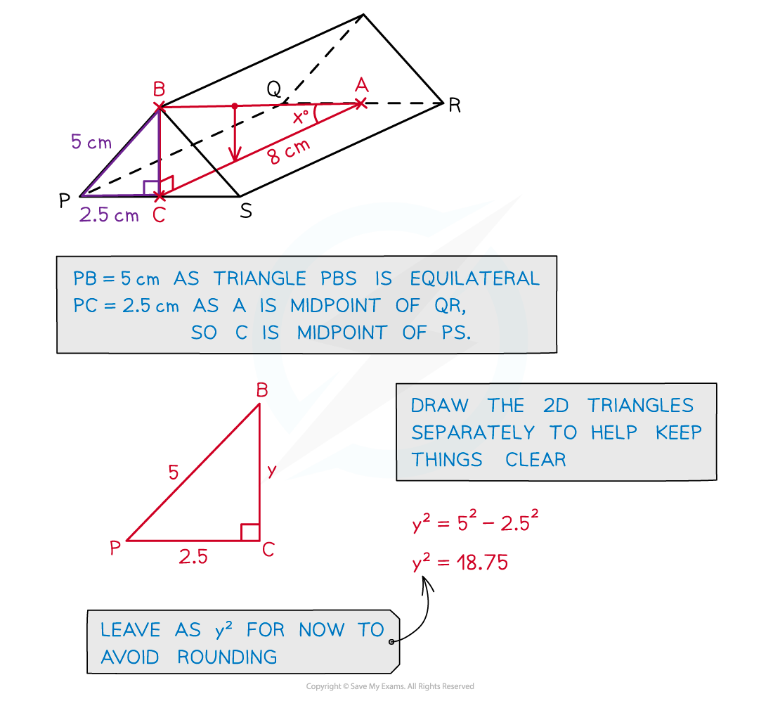 Example showing SOHCAHTOA to find the angle between a line and the base of a triangular prism. (Image 2).