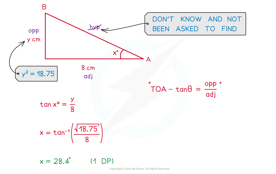 Example showing SOHCAHTOA to find the angle between a line and the base of a triangular prism. (Image 3).