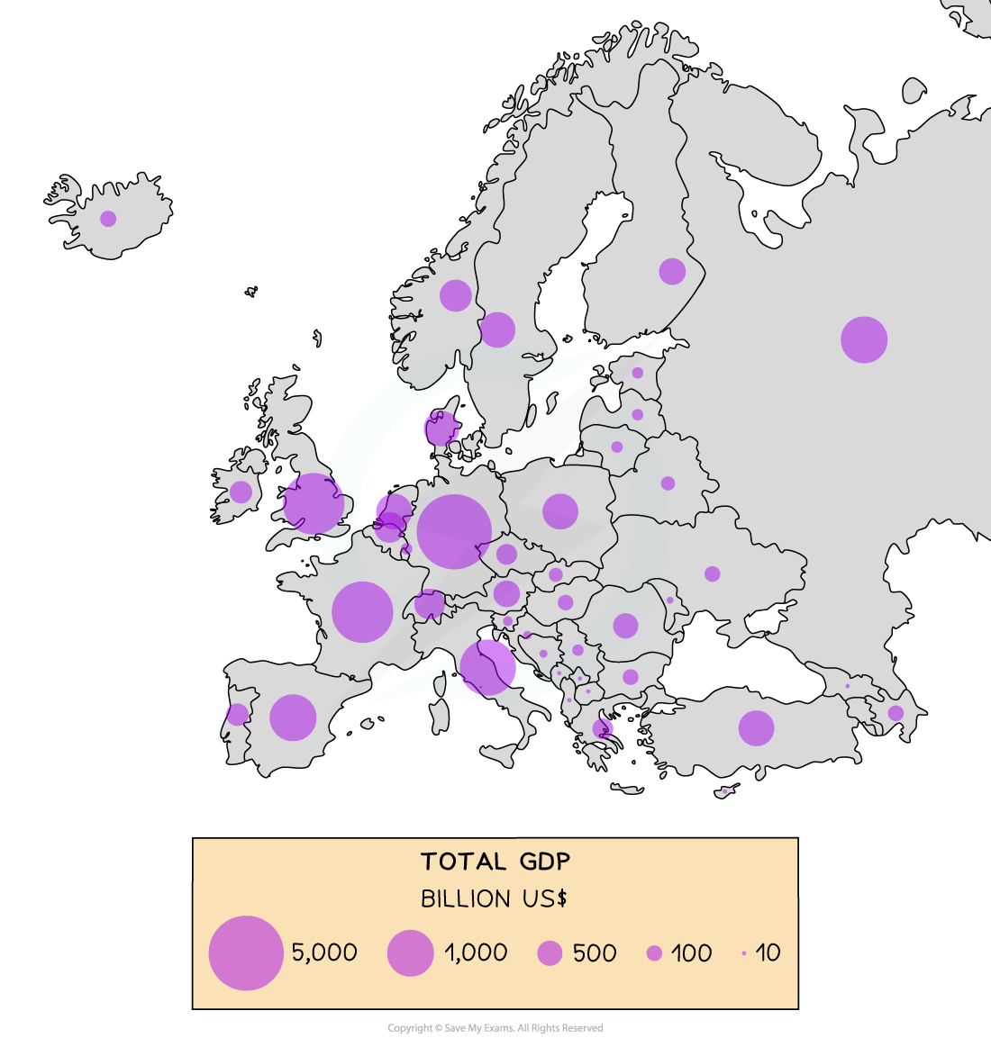 Map of Europe showing GDP by country with purple circles. Larger circles indicate higher GDP. Key shows GDP ranges from 10 to 5,000 billion US dollars.