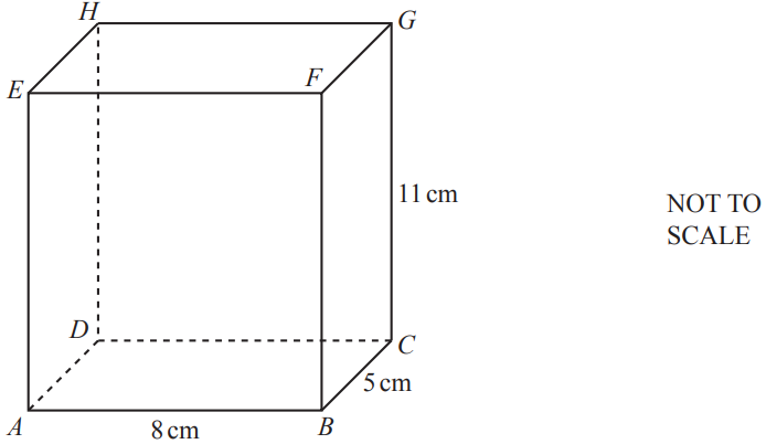 A cuboid ABCDEFGH, with AB = 8 cm, BC = 5 cm and CG = 11 cm.