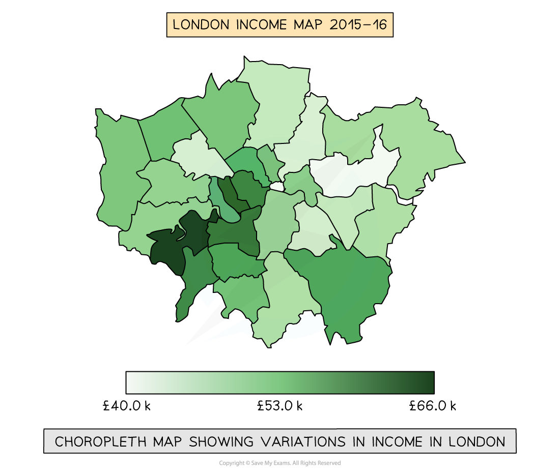 Choropleth map of London boroughs in 2015-16, displaying income variations from £40k to £66k with a green gradient scale.