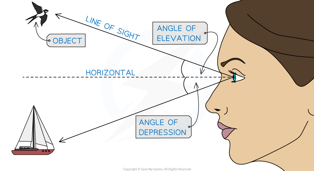 Diagram showing a person's face with a horizontal reference line at eye level. A diagonal line of sight pointing up towards a bird forms an angle of elevation and a line of sight pointing down towards a boat forms an angle of depression.