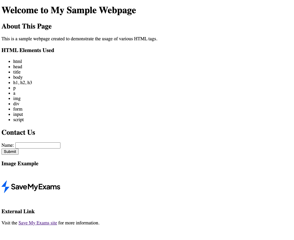 Example webpage using the properties listed above