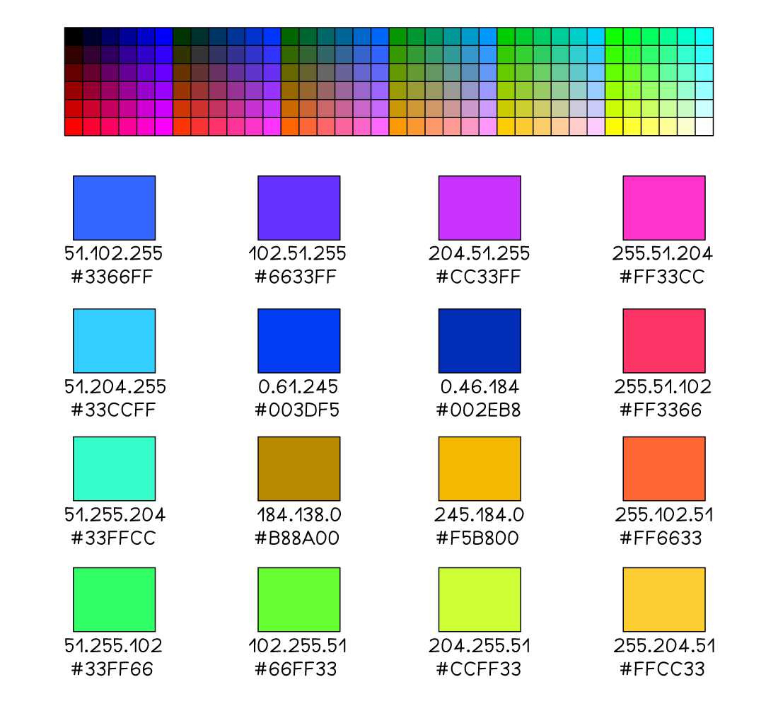 Example colour palette with colours and their hexadecimal codes