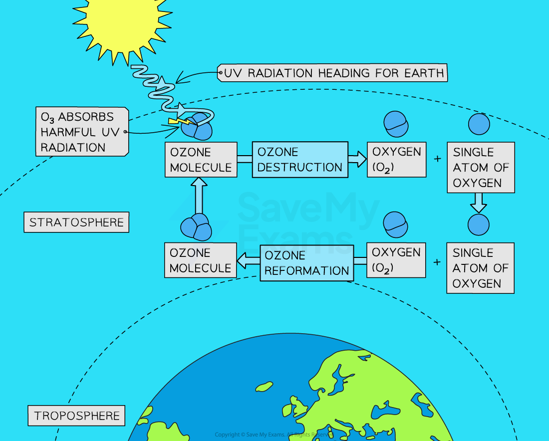 Diagram showing how ozone is destroyed and reformed in the  stratosphere