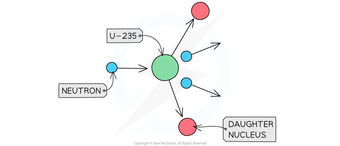 A neutron is shown to be travelling toward a uranium-235 nucleus. After the fission reaction 2 neutrons and 2 daughter nuclei are produced