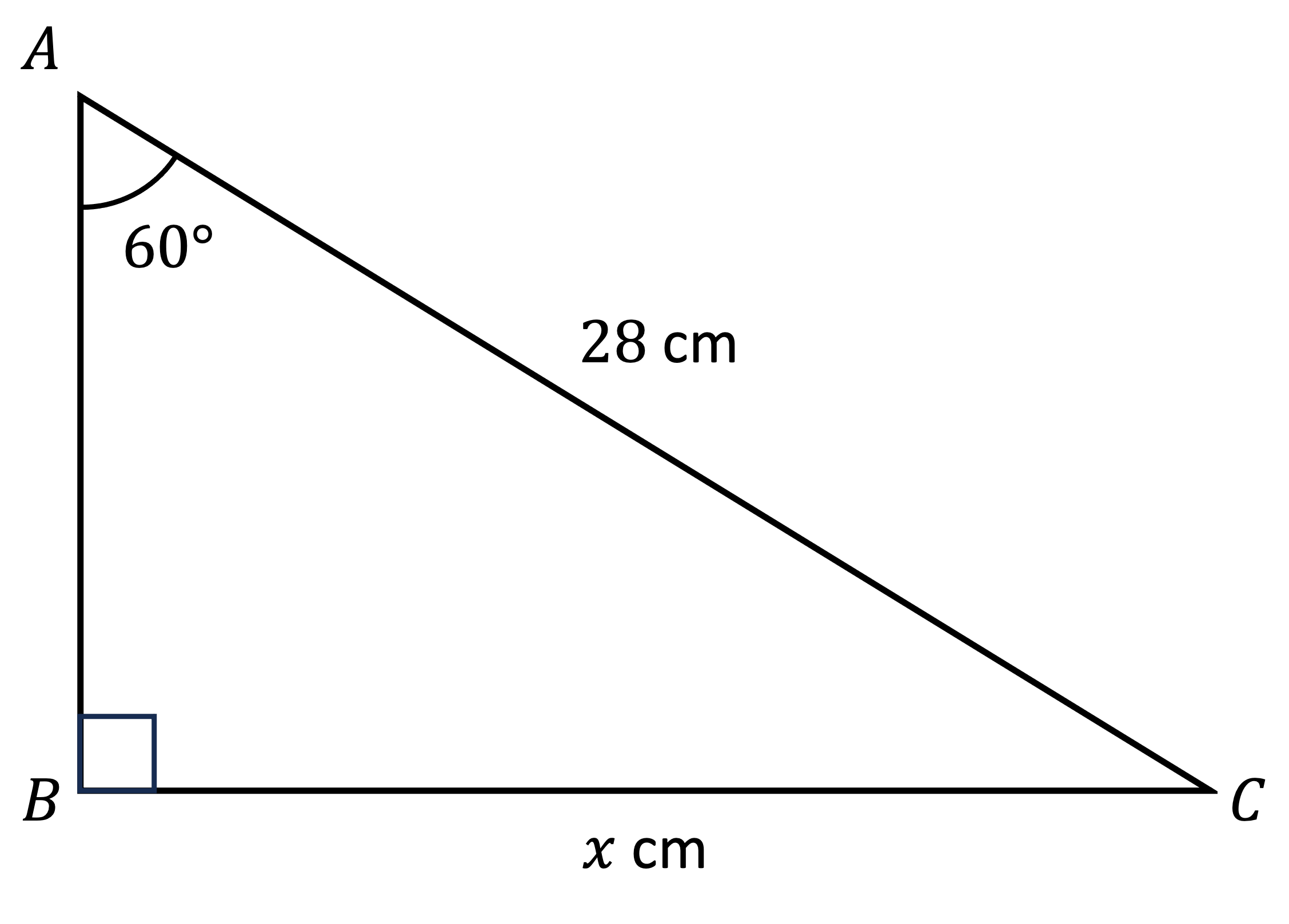 Triangle ABC with angle BAC = 60º, AC = 28 cm and BC = x cm.