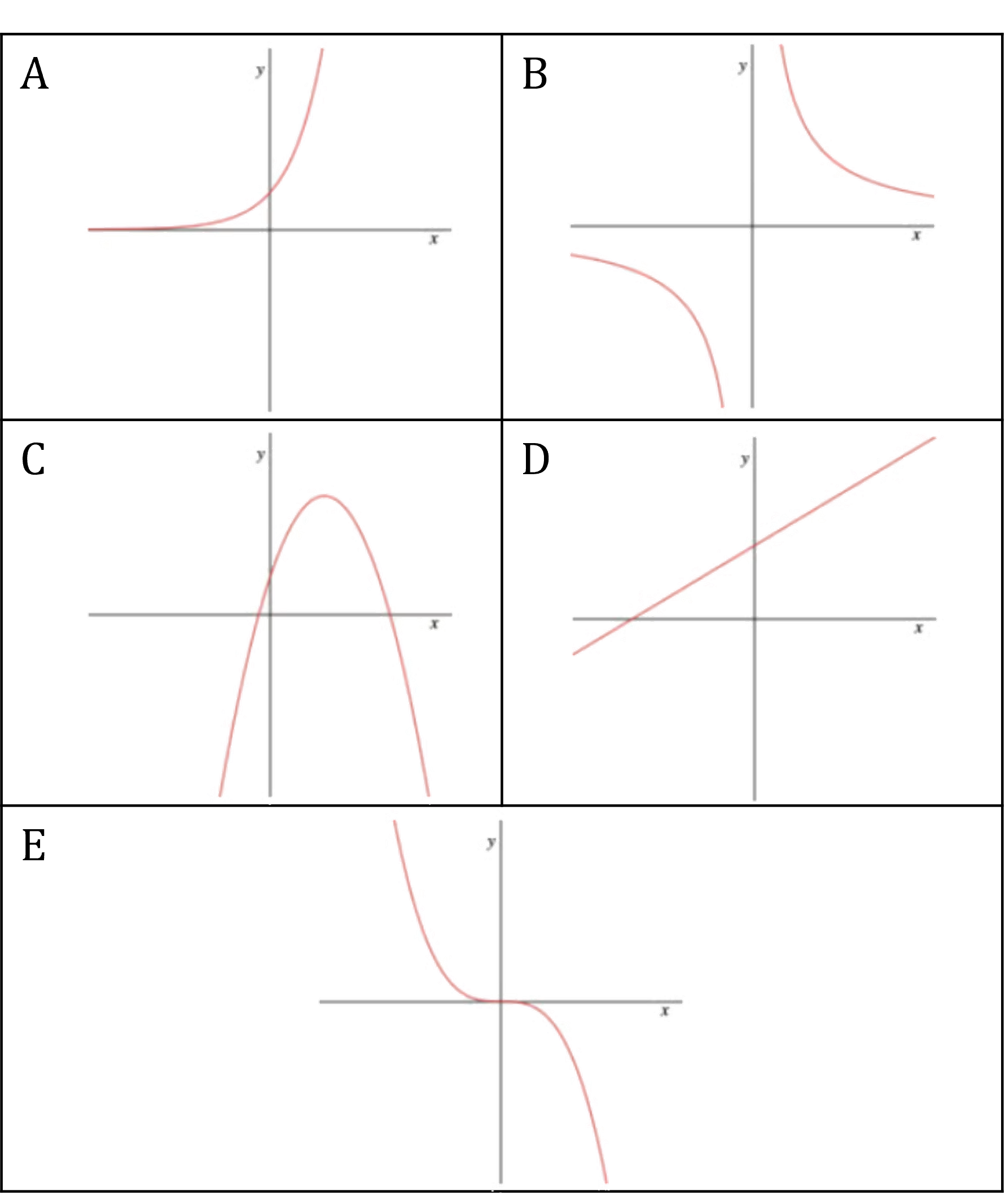 5 different shapes of graph; exponential, reciprocal, negative quadratic, linear, and negative cubic