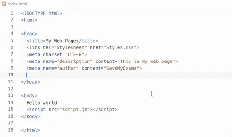 Screenshot of HTML code with a simple structure including a title, meta tags for description and author, a link to a CSS stylesheet, and a script reference.