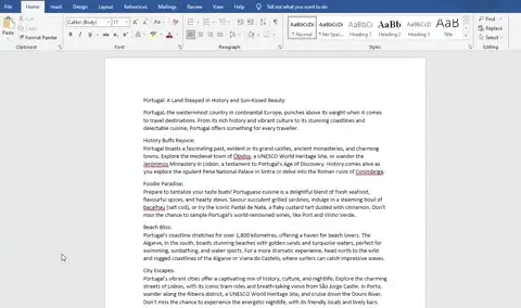 A Word document titled 'Portugal: A Land Steeped in History and Sun-Kissed Beauty,' discussing Portugal's rich history, landscapes, cuisine, and travel destinations.
