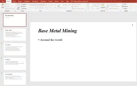 PowerPoint slide displaying the title "Base Metal Mining" with a bullet point listing "Around the world." Four slide thumbnails are visible on the left panel.