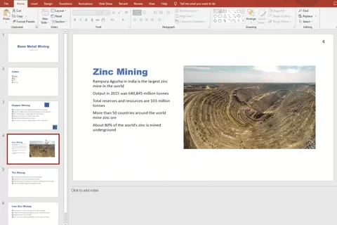 PowerPoint slide about zinc mining with text detailing India's largest zinc mine and global zinc statistics. Image shows an open-pit mining site.