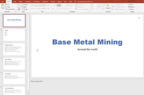 PowerPoint presentation titled "Base Metal Mining" with five slides listed on the left. The main slide reads "Base Metal Mining" and "Around the world."