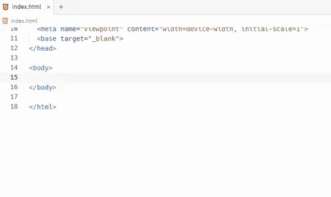 Code editor displaying an HTML file named "index.html" with basic tags including meta and base tags within the head and empty body tags.