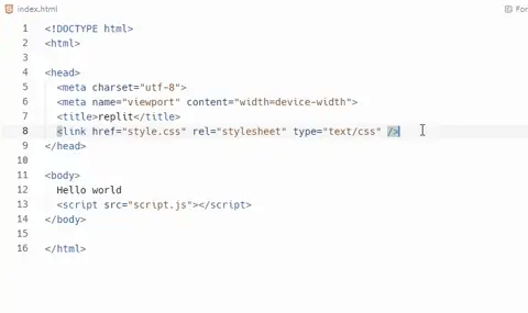 Screenshot of an HTML code editor showing the structure of an HTML document, including the DOCTYPE, head and body sections, and a link to an external CSS stylesheet.