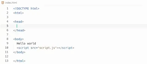 Screenshot of a simple HTML file with DOCTYPE declaration, HTML, head, and body tags. The body contains "Hello world" and a script element linking to "script.js".