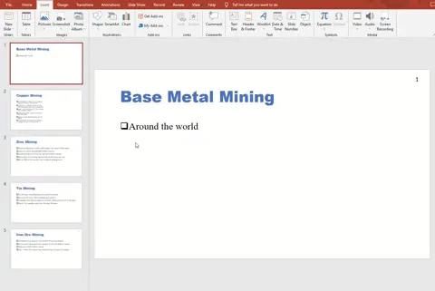 PowerPoint presentation with the main slide titled "Base Metal Mining." The slide has a bullet point saying "Around the world." The sidebar shows four additional slides.