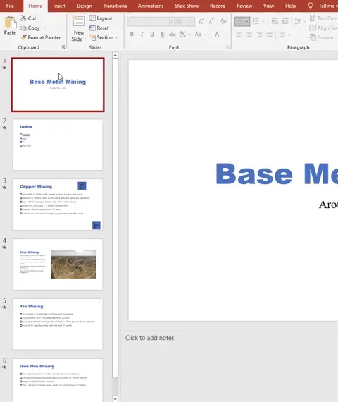 A PowerPoint presentation titled "Base Metal Mining" is open in edit mode, showing the title slide. The slide selection pane lists other slides related to mining types.