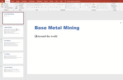 PowerPoint slide titled "Base Metal Mining." The left sidebar shows four additional slides on Copper, Zinc, Tin, and Iron Ore Mining. The main slide lists "Around the world."