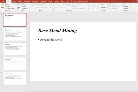 PowerPoint slide titled "Base Metal Mining" with one bullet point reading "Around the world." Slide thumbnails for additional content are visible on the left.