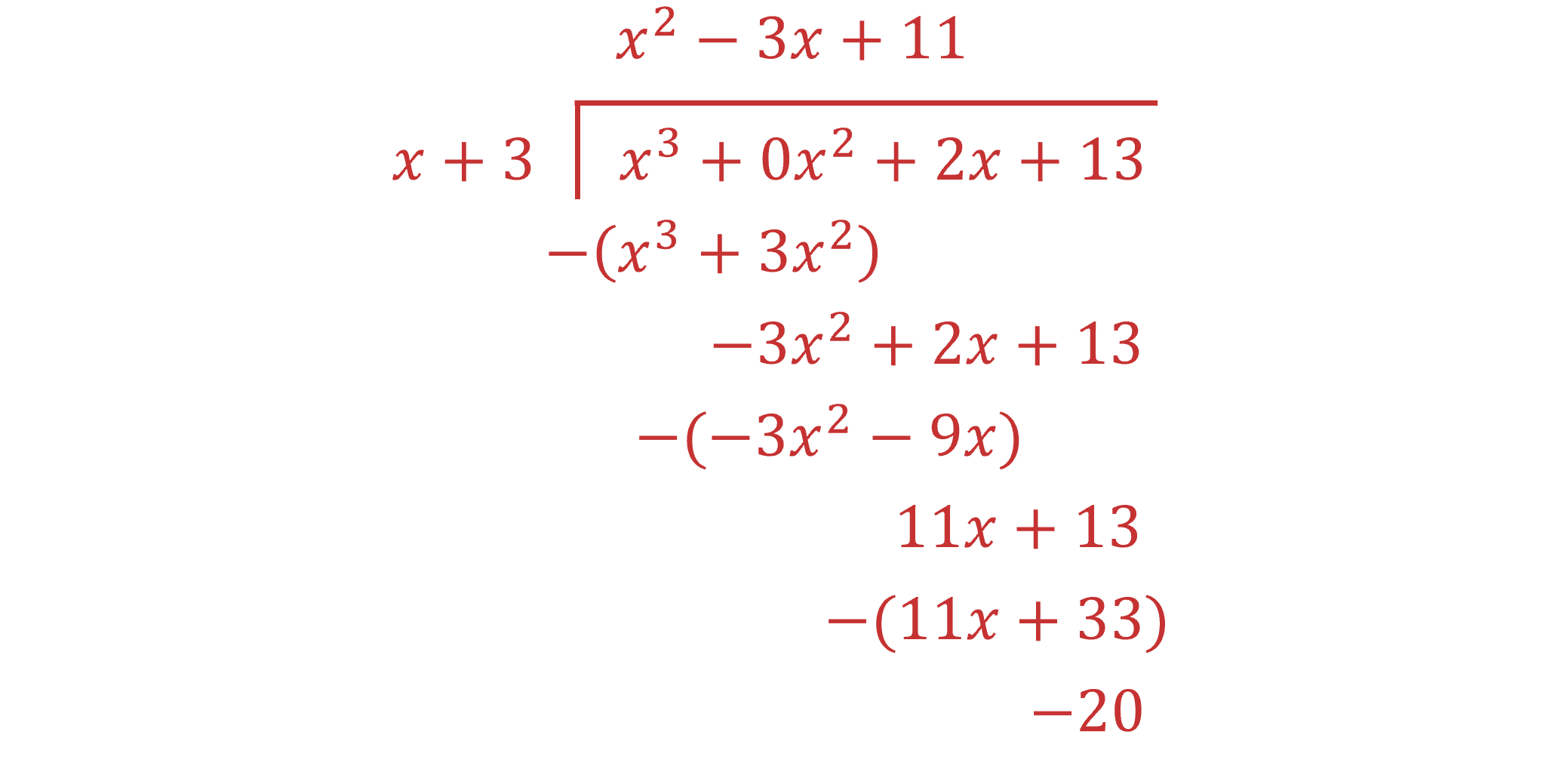 The workings out for a polynomial long division problem, dividing x^3++2x+13 by x+3