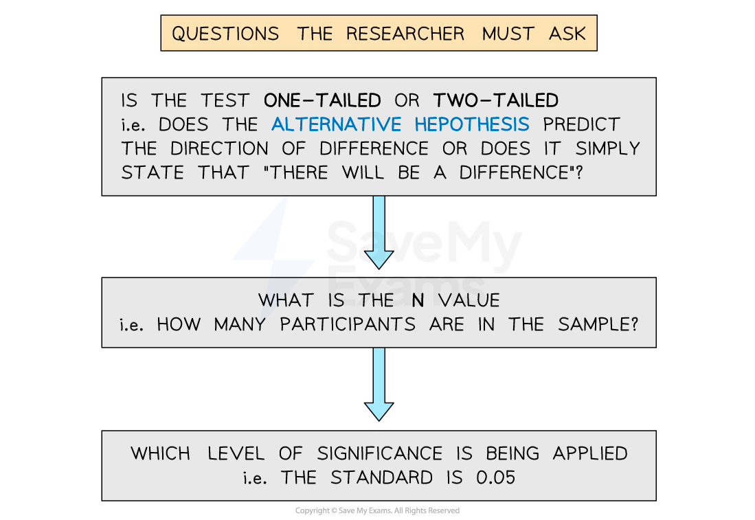 Infographic titled "Questions the Researcher Must Ask" with three questions on hypothesis direction, sample size, and level of significance.