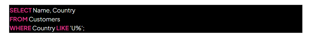 SQL query: SELECT Name, Country FROM Customers WHERE Country LIKE 'U%';. The text is white on a black background, with SQL keywords in purple.