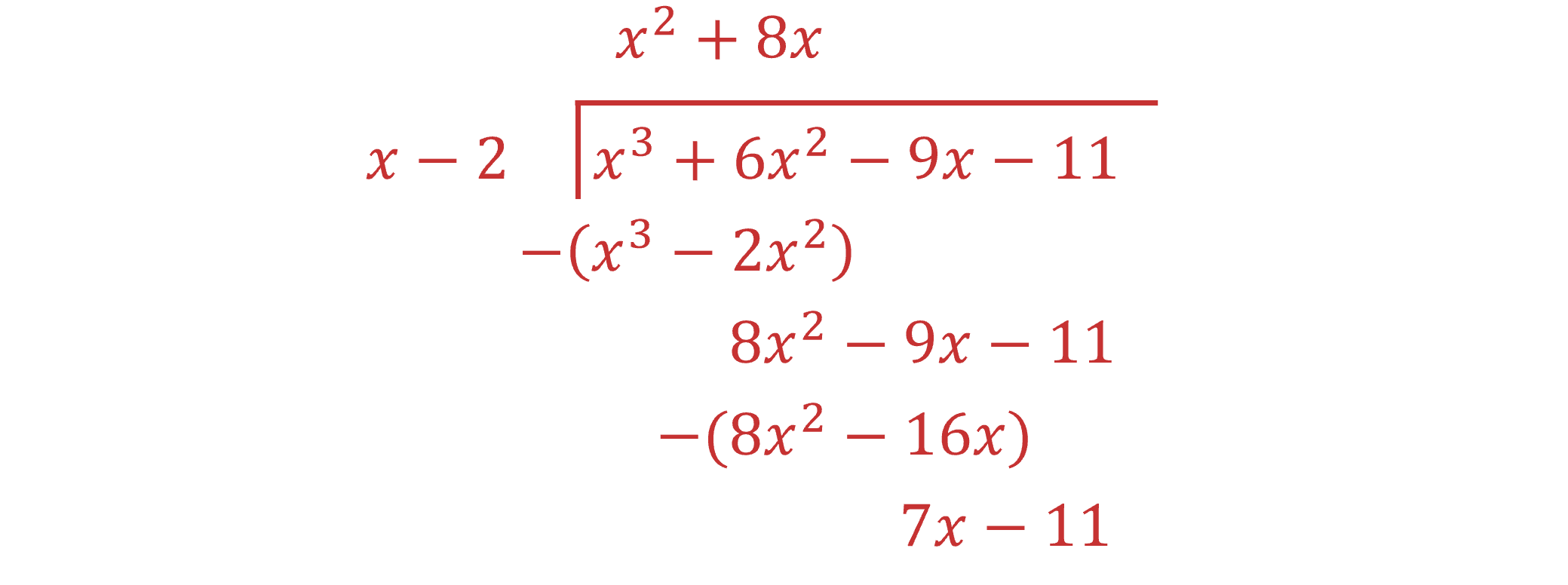 Second step of a polynomial long division problem, dividing x^3+6x^2-9x-11 by x-2