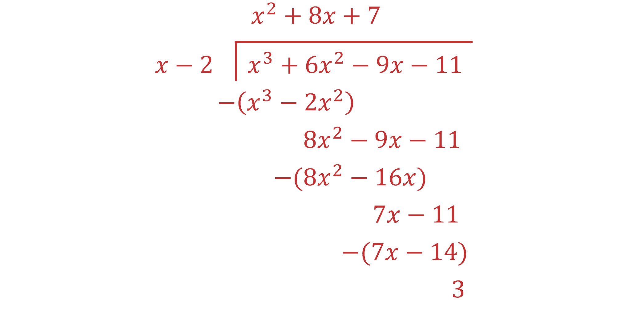 Third step of a polynomial long division problem, dividing x^3+6x^2-9x-11 by x-2