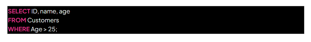 SQL query to select ID, name, and age from the Customers table where age is greater than 25 with keywords highlighted in pink.