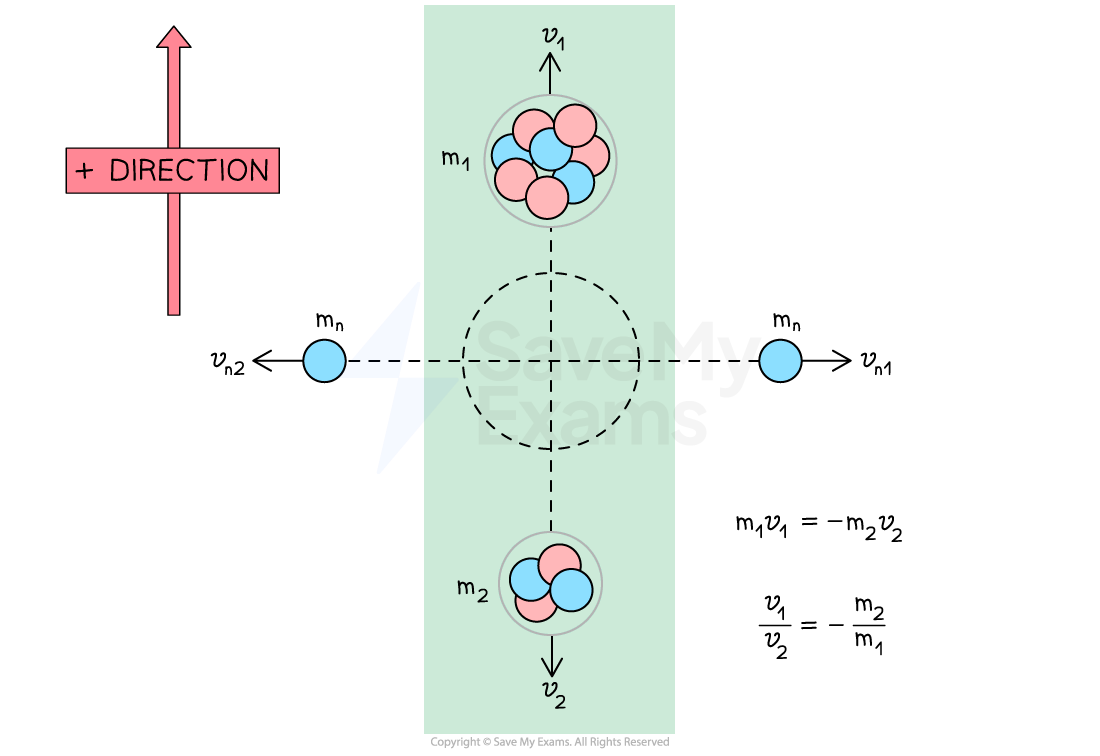 Deducing the component of the momenta in the direction of the fragments. The positive direction is defined upwards. The fragments have unequal masses so the heavier mass must have a smaller velocity.