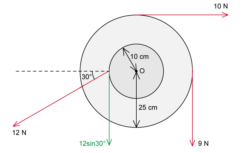 Diagram shows a circle with forces: 12 N at 30 degrees to the left, 10 N to the right, 9 N downward, and components 12sin30° downward. Radii are 10 cm and 25 cm.