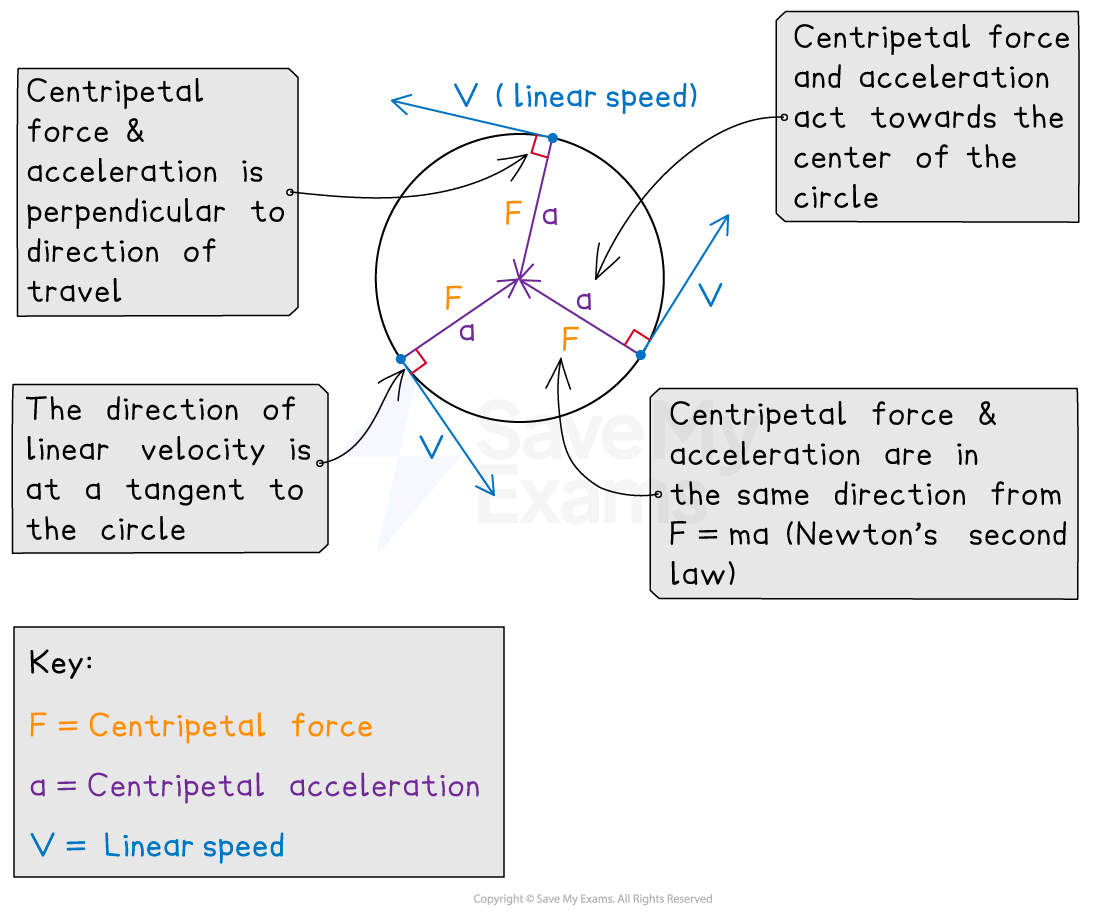 Circular motion diagram explaining centripetal force (F) and acceleration (a) perpendicular to direction of travel (V), with velocity tangent to the circle.