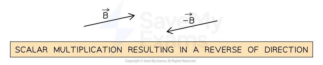 Diagram showing vector B pointing right and negative vector B pointing left, with text below stating "SCALAR MULTIPLICATION RESULTING IN A REVERSE OF DIRECTION".