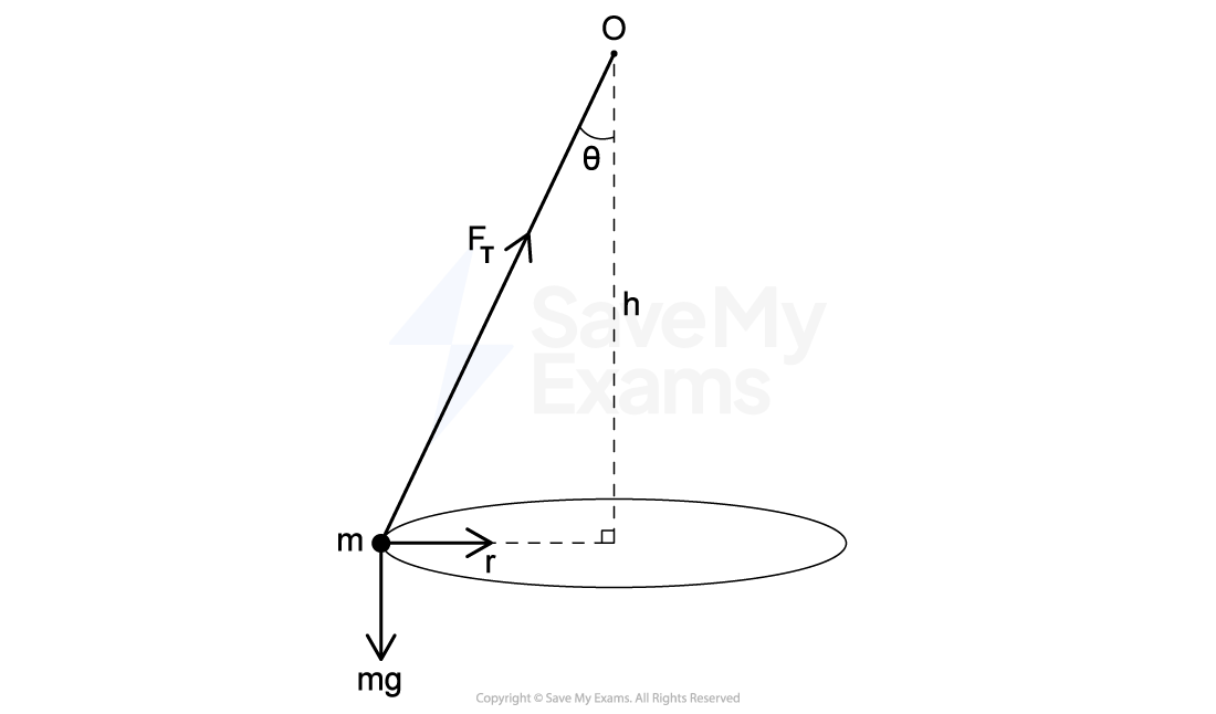 A conical pendulum with a mass m has forces T (tension), mg (gravity), angle θ, radius r, string length l, and height h with circular trajectory.