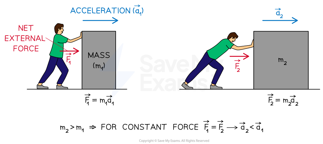 Two blue figures pushing different masses labeled 'm1' and 'm2' with red force arrows 'F1' and 'F2' and blue acceleration arrows labeled 'a'. Equations describe the relationship between mass, forces and acceleration