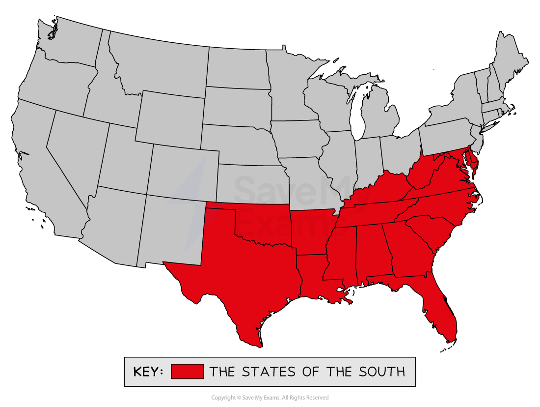 Map of the United States highlighting Southern states in red, including Texas to North Carolina, with a key denoting "The States of the South".