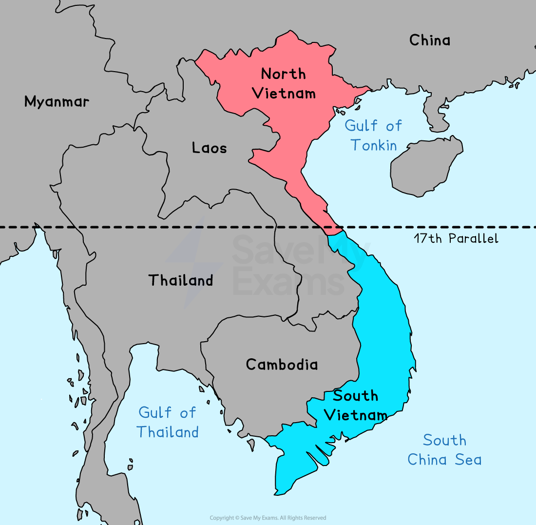 Map of Southeast Asia showing North Vietnam in red and South Vietnam in blue, divided by the 17th parallel, with surrounding countries and seas labelled.