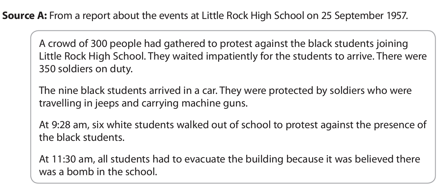 Text excerpt from a report on 25 Sept 1957: 300 protested against black students at Little Rock High, guarded by 350 soldiers; bomb threat evacuation occurred.