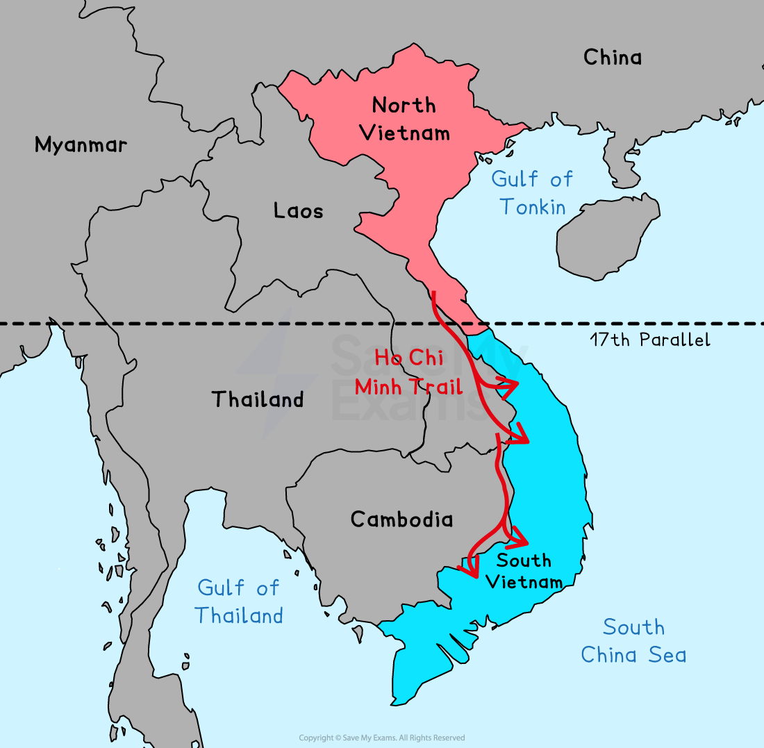 Map of Vietnam during the Vietnam War era, showing North Vietnam, South Vietnam, the Ho Chi Minh Trail, the 17th Parallel, and neighbouring countries.