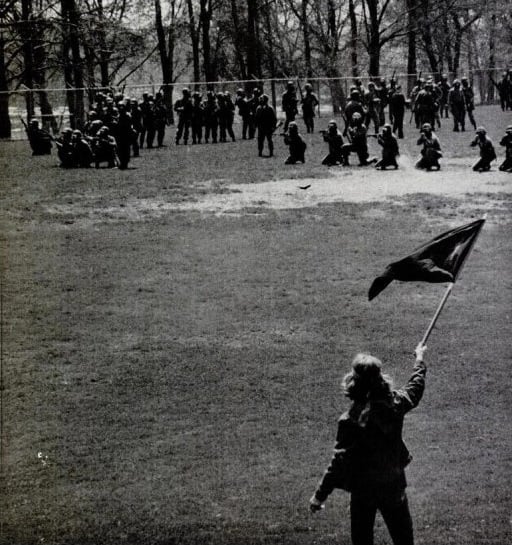 A person waves a flag at a group of people in protective gear, gathered in a park with trees, suggesting a protest or demonstration.