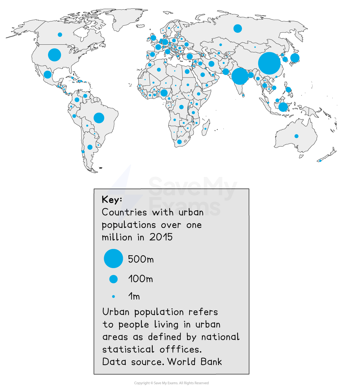 World map showing countries with urban populations over one million in 2015, marked with blue circles of varying sizes. Data source: World Bank.