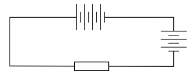 Simple electrical circuit diagram with a battery, resistor, and switch connected in series, demonstrating a basic closed loop configuration.