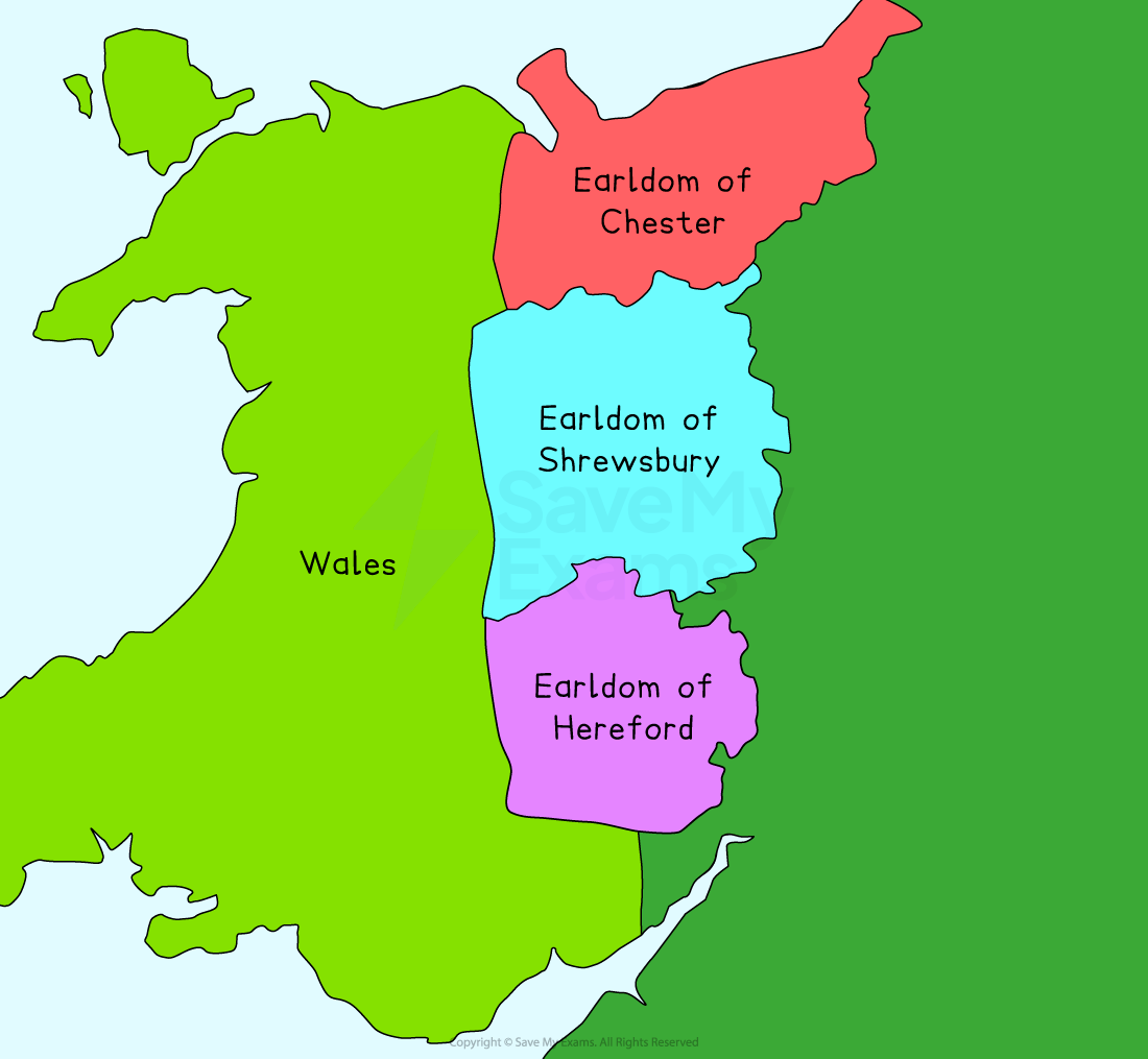 Map showing Wales in green and three earldoms: Chester in red, Shrewsbury in blue, and Hereford in purple, each bordering Wales to the east.