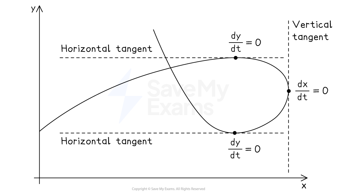 Graph showing a curve with two horizontal tangents where dy/dt=0, and one vertical tangent where dx/dt=0, indicated.