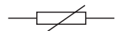 Electrical symbol of a variable resistor or potentiometer, depicted as a rectangle with a diagonal arrow crossing it and lines extending horizontally.