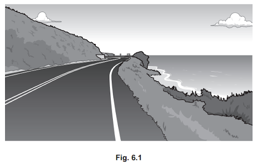 Coastal road with double lines curves along cliff edge, overlooking ocean waves and distant horizon under cloudy sky; labelled "Fig. 6.1" below.