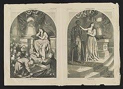 Two illustrations: left shows a woman seated on a throne, surrounded by a crowd; right depicts a woman guiding a man up steps toward a statue.